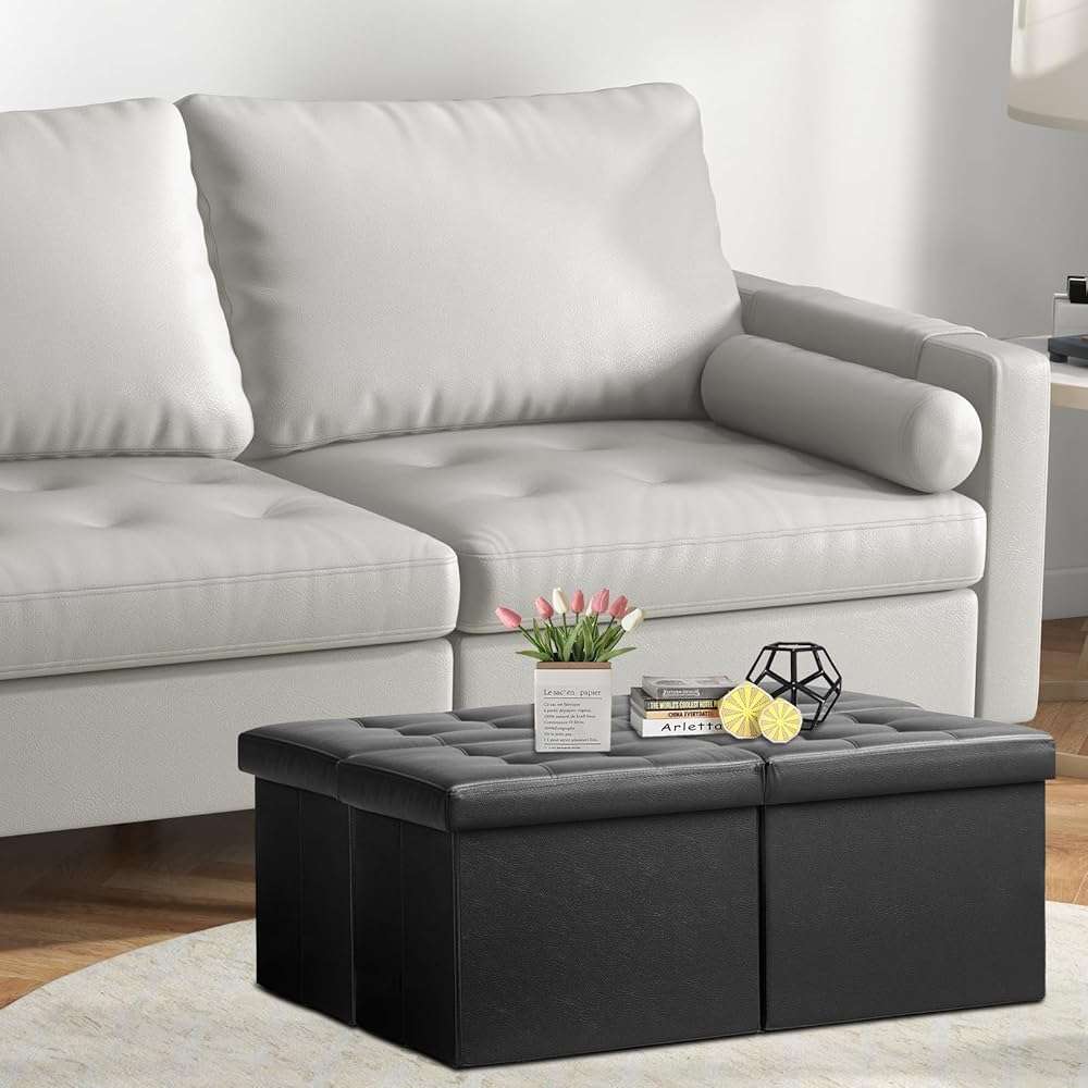 AmasSmile Footrest Ottoman Bench with Storage,34Inch Black Leather Footstool, Coffee Table, Padded Seat, Storage Chest,Blanket Store with Flipping Lid for Livingroom and Bedroom - Image 2