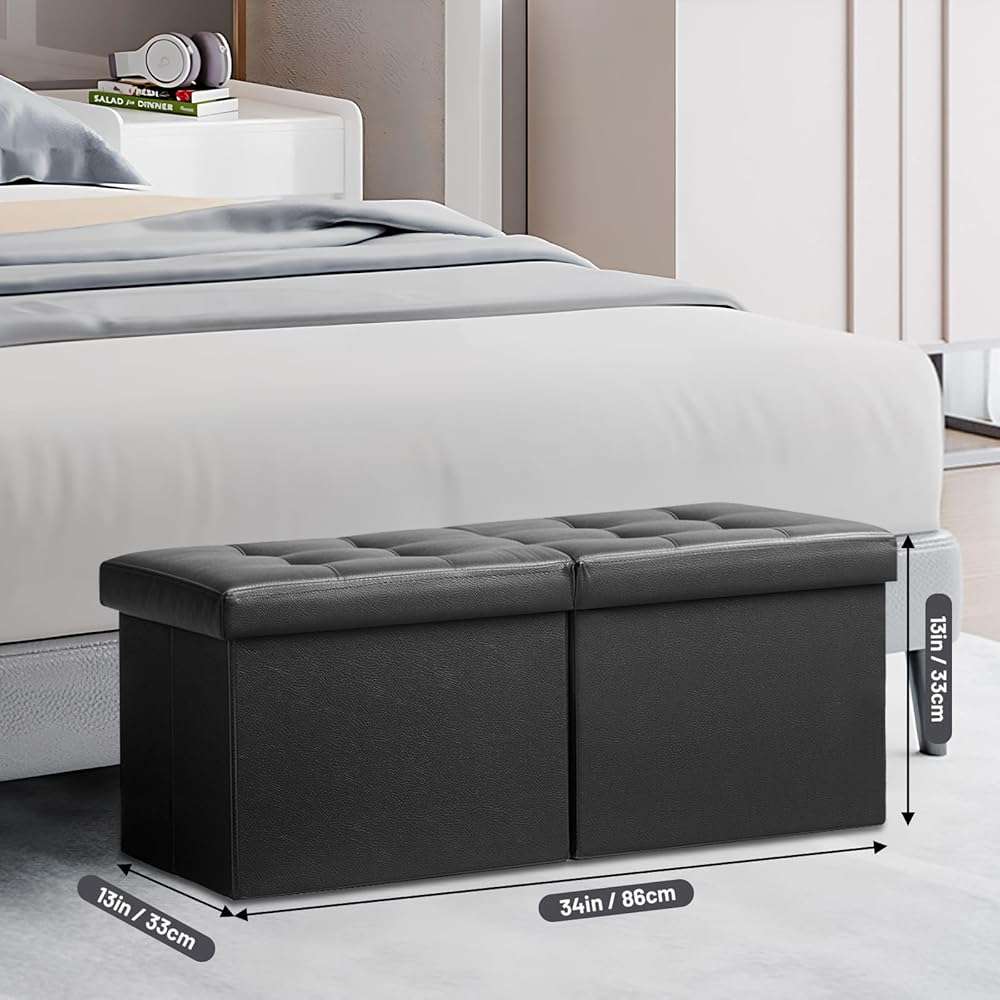 AmasSmile Footrest Ottoman Bench with Storage,34Inch Black Leather Footstool, Coffee Table, Padded Seat, Storage Chest,Blanket Store with Flipping Lid for Livingroom and Bedroom - Image 3