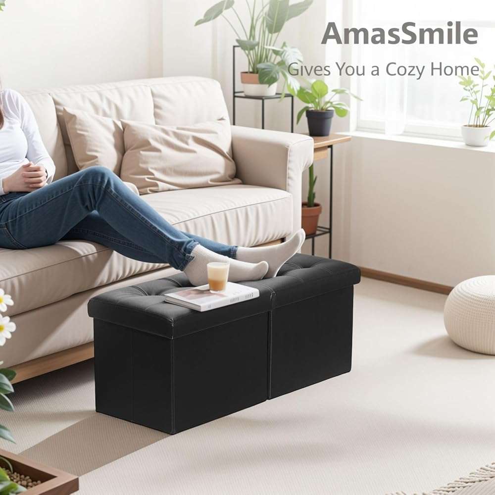 AmasSmile Footrest Ottoman Bench with Storage,34Inch Black Leather Footstool, Coffee Table, Padded Seat, Storage Chest,Blanket Store with Flipping Lid for Livingroom and Bedroom - Image 5