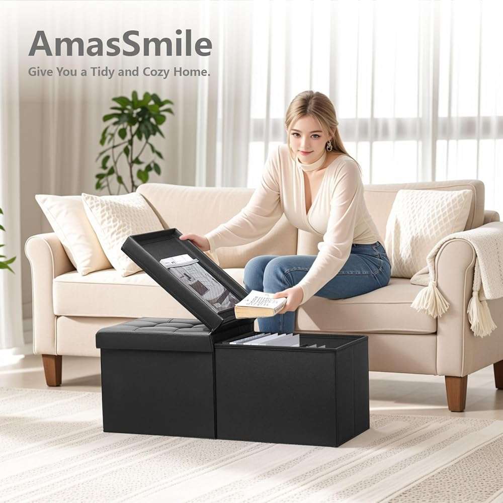 AmasSmile Footrest Ottoman Bench with Storage,34Inch Black Leather Footstool, Coffee Table, Padded Seat, Storage Chest,Blanket Store with Flipping Lid for Livingroom and Bedroom - Image 7