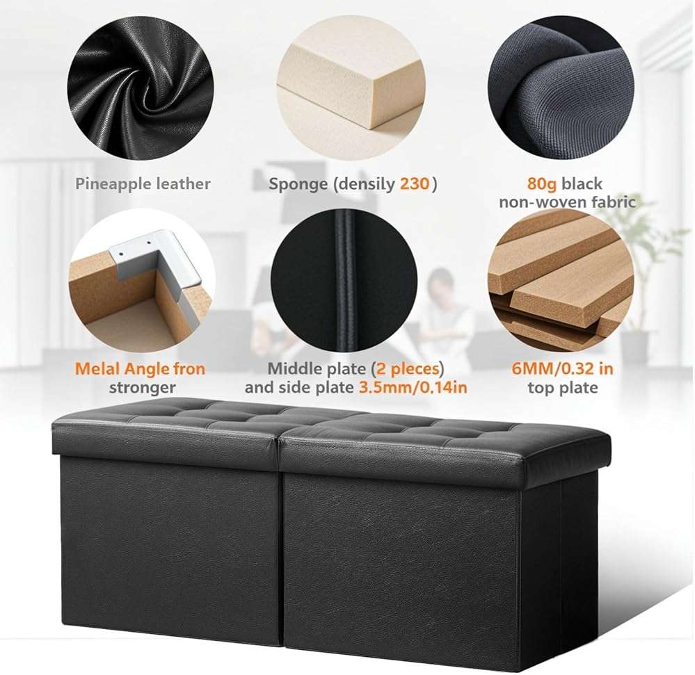 AmasSmile Footrest Ottoman Bench with Storage,34Inch Black Leather Footstool, Coffee Table, Padded Seat, Storage Chest,Blanket Store with Flipping Lid for Livingroom and Bedroom - Image 8