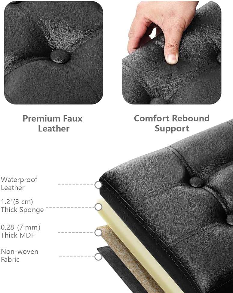 AmasSmile Footrest Ottoman Bench with Storage,34Inch Black Leather Footstool, Coffee Table, Padded Seat, Storage Chest,Blanket Store with Flipping Lid for Livingroom and Bedroom - Image 9