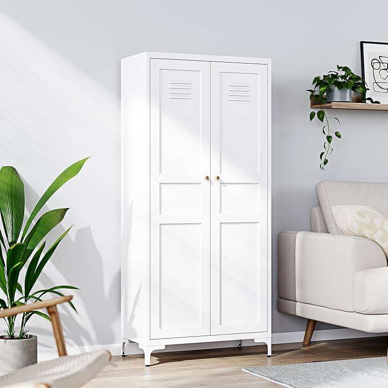 Yizosh Metal Storage Cabinet with 2 Doors and 4 Adjustable Shelves - 61" White Kitchen Pantry Storage 5-Tier Tall Steel Cabinets Locker for Kitchen, Living Room, Dining Room - Image 1