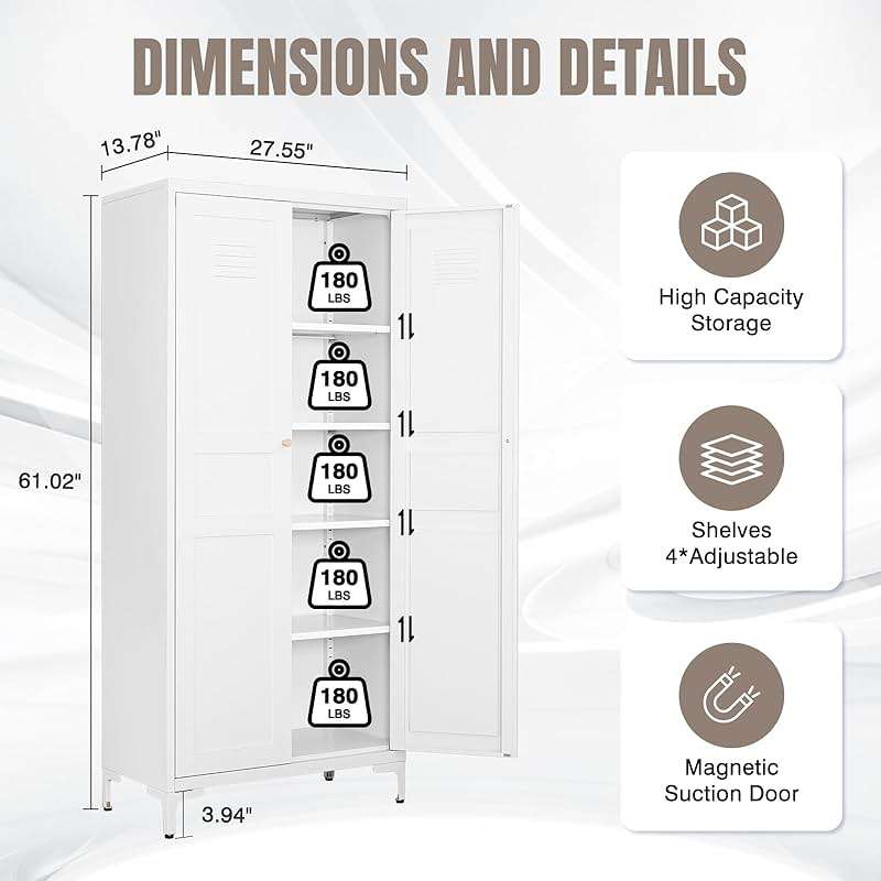 Yizosh Metal Storage Cabinet with 2 Doors and 4 Adjustable Shelves - 61" White Kitchen Pantry Storage 5-Tier Tall Steel Cabinets Locker for Kitchen, Living Room, Dining Room - Image 2