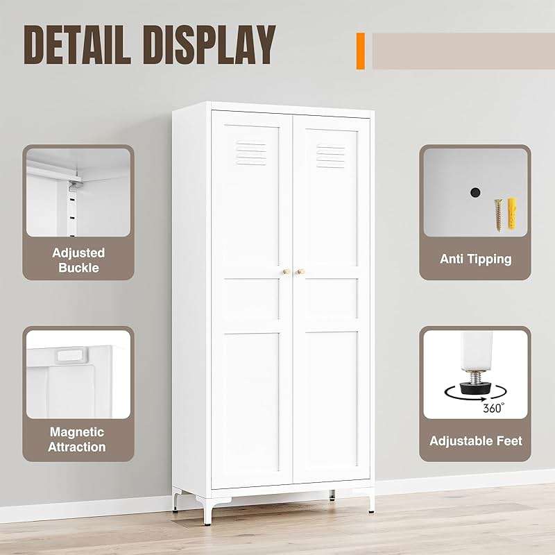 Yizosh Metal Storage Cabinet with 2 Doors and 4 Adjustable Shelves - 61" White Kitchen Pantry Storage 5-Tier Tall Steel Cabinets Locker for Kitchen, Living Room, Dining Room - Image 4
