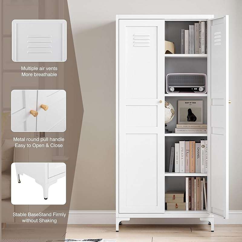 Yizosh Metal Storage Cabinet with 2 Doors and 4 Adjustable Shelves - 61" White Kitchen Pantry Storage 5-Tier Tall Steel Cabinets Locker for Kitchen, Living Room, Dining Room - Image 6