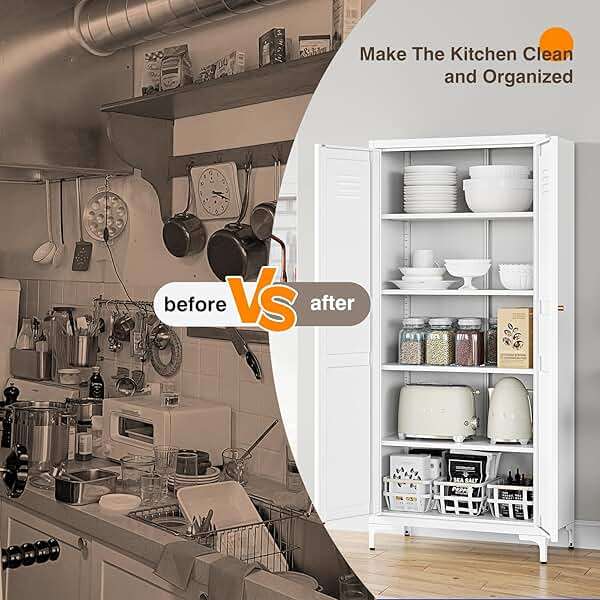 Yizosh Metal Storage Cabinet with 2 Doors and 4 Adjustable Shelves - 61" White Kitchen Pantry Storage 5-Tier Tall Steel Cabinets Locker for Kitchen, Living Room, Dining Room - Image 7