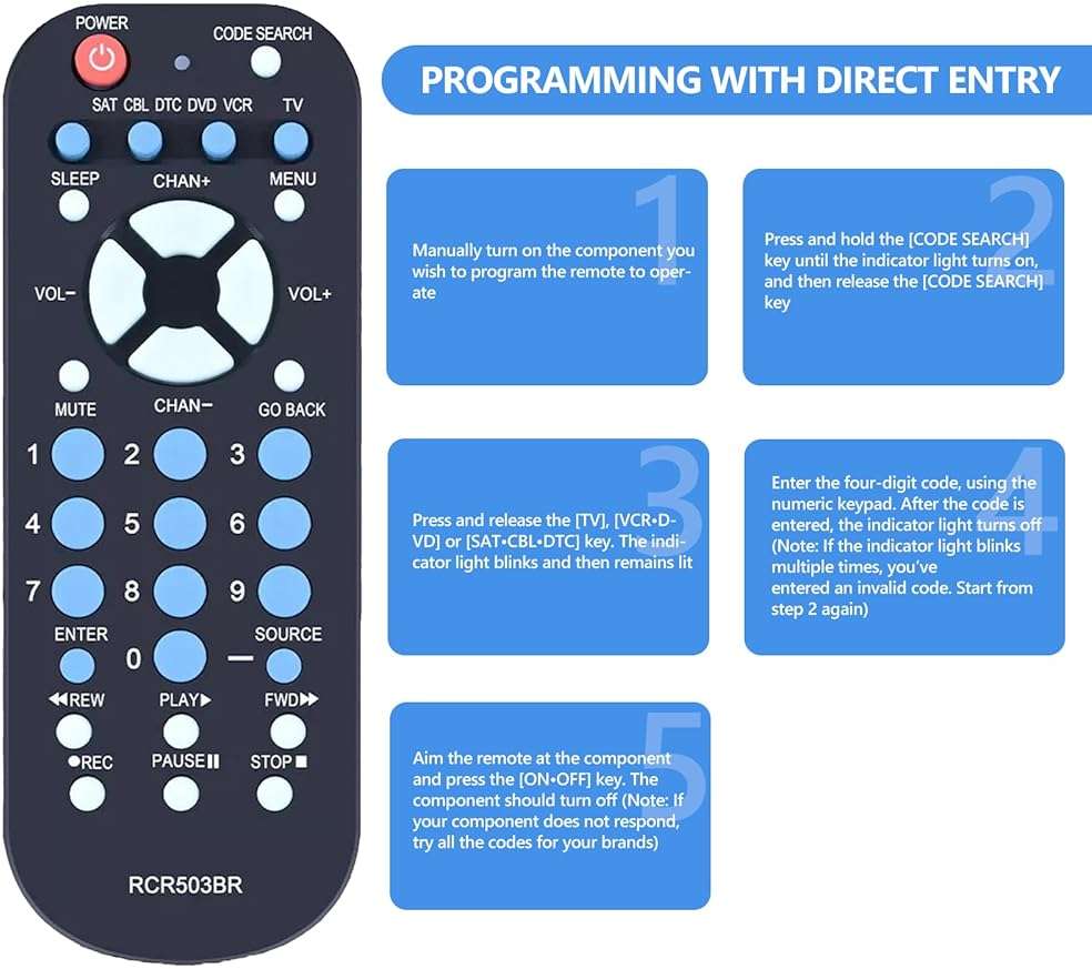 PZL RCR503BR Universal 3-Device Palm-Sized Replacement Remote Control for RCA TV, VCR/DVD, Satellite Receiver, Cable Box, Digital TV Converter Sub RCR503BE RCR503BZ - Image 3