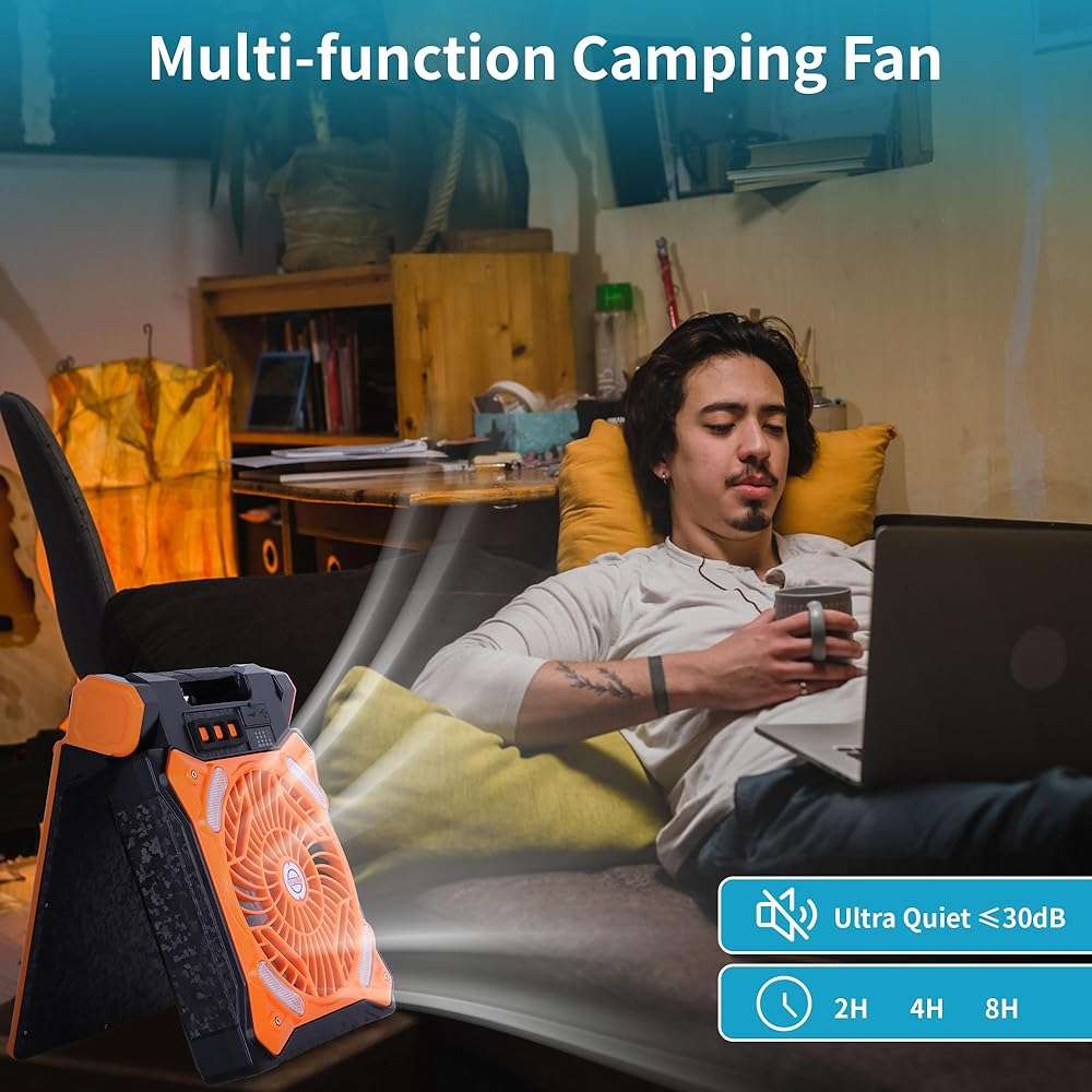 WESTTREE Solar Fan Battery Powered Rechargeable Solar Camping Fan with Led Lantern Power Bank Foldable Angle USB Personal Fans for Travel Outdoor CampingTents camping essentials X98 Orange - Image 4