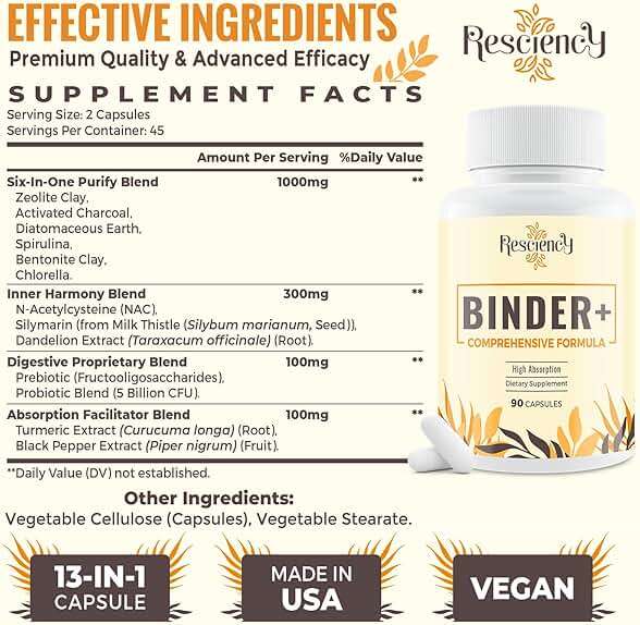Resciency Detox Binder Supplement – Activated Charcoal, Zeolite, Bentonite Clay, Milk Thistle, Proprietary Blends - Liver & Gut, Max Absorption, 90 Vegan Capsules - Image 2