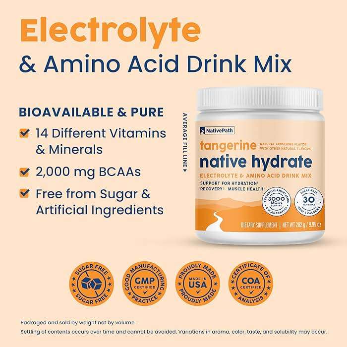 NativePath Hydrate Electrolytes Powder – Zero Sugar Drink Mix with 2,000mg BCAAs, 14 Vitamins & Minerals – Tangerine Keto Hydration for Energy & Recovery, 30 Servings - Image 4