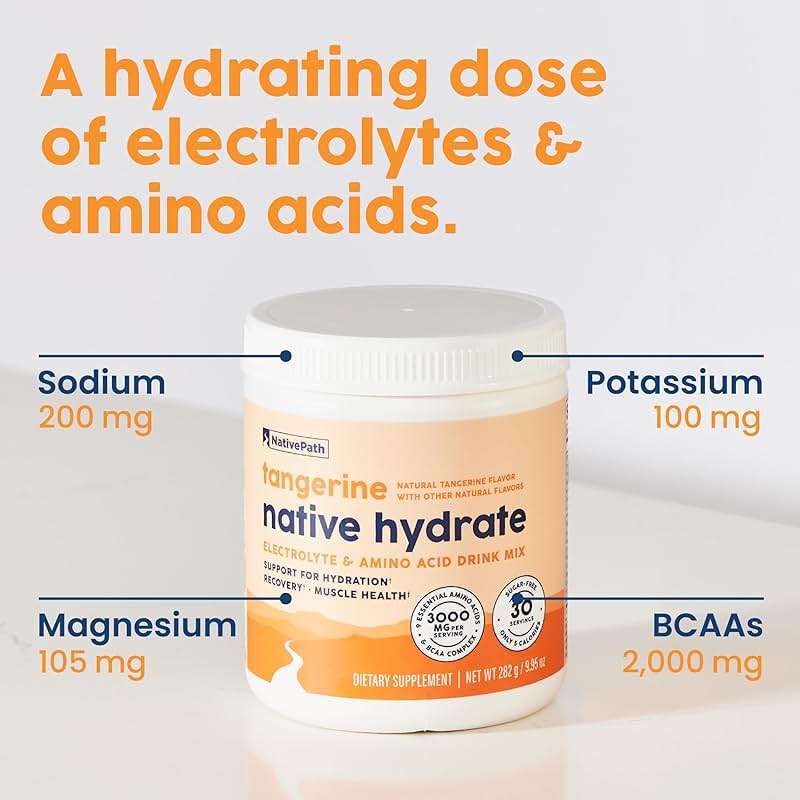 NativePath Hydrate Electrolytes Powder – Zero Sugar Drink Mix with 2,000mg BCAAs, 14 Vitamins & Minerals – Tangerine Keto Hydration for Energy & Recovery, 30 Servings - Image 6