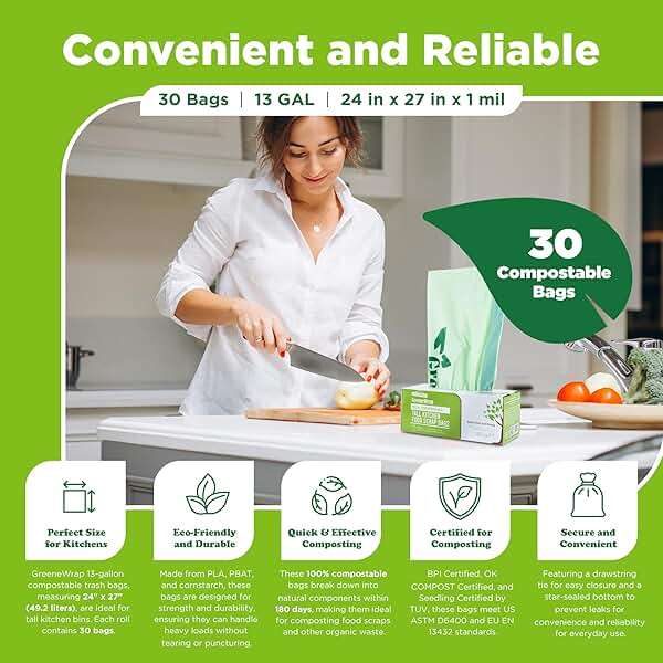 GreeneWrap 13 Gallon Compostable Trash Bags with Drawstring, 30 Count, 1 Mil, Tall Kitchen Food Scrap Compost Bags, BPI Certified, ASTM D6400, Compostable Garbage Bags, Unscented, 13 Gal - Image 3