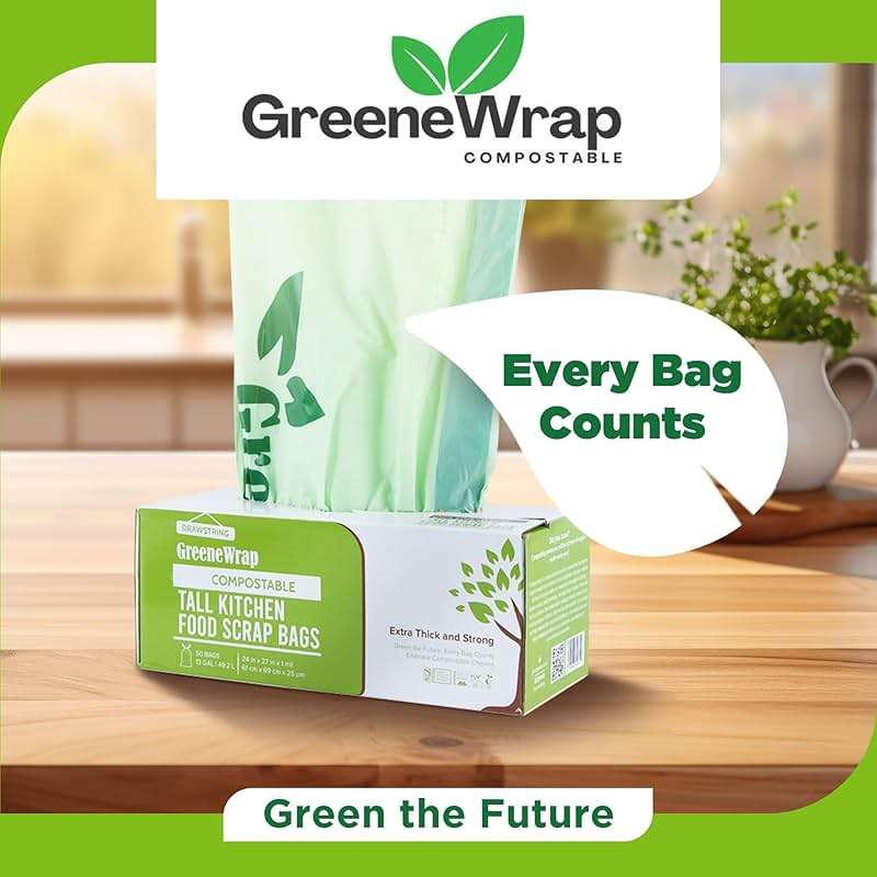 GreeneWrap 13 Gallon Compostable Trash Bags with Drawstring, 30 Count, 1 Mil, Tall Kitchen Food Scrap Compost Bags, BPI Certified, ASTM D6400, Compostable Garbage Bags, Unscented, 13 Gal - Image 8
