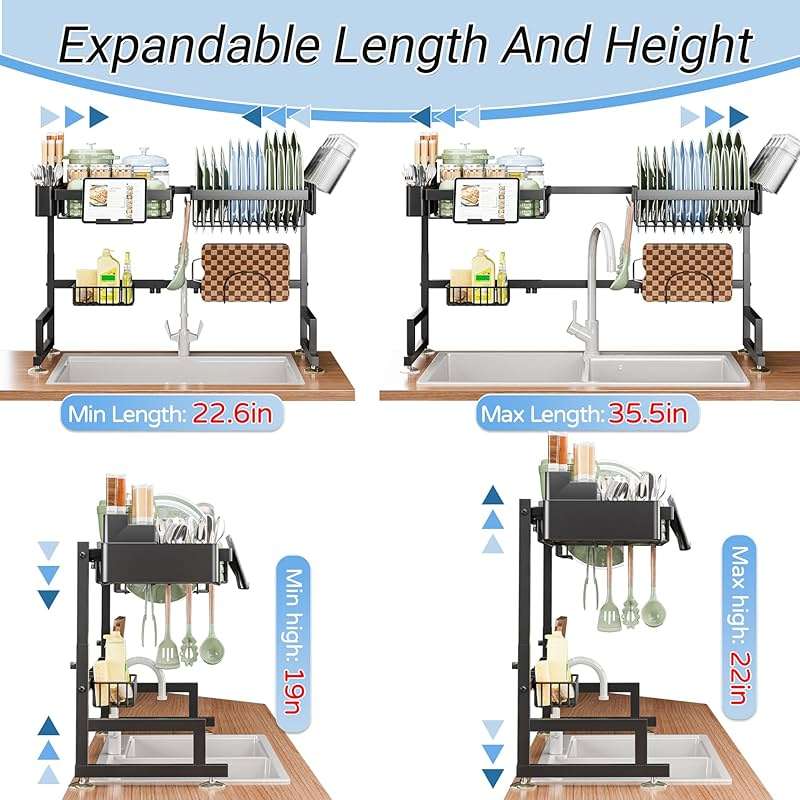 ADBIU Over The Sink Dish Drying Rack (Expandable Height and Length) Snap-On Design 2 Tier Large Dish Rack - Image 2