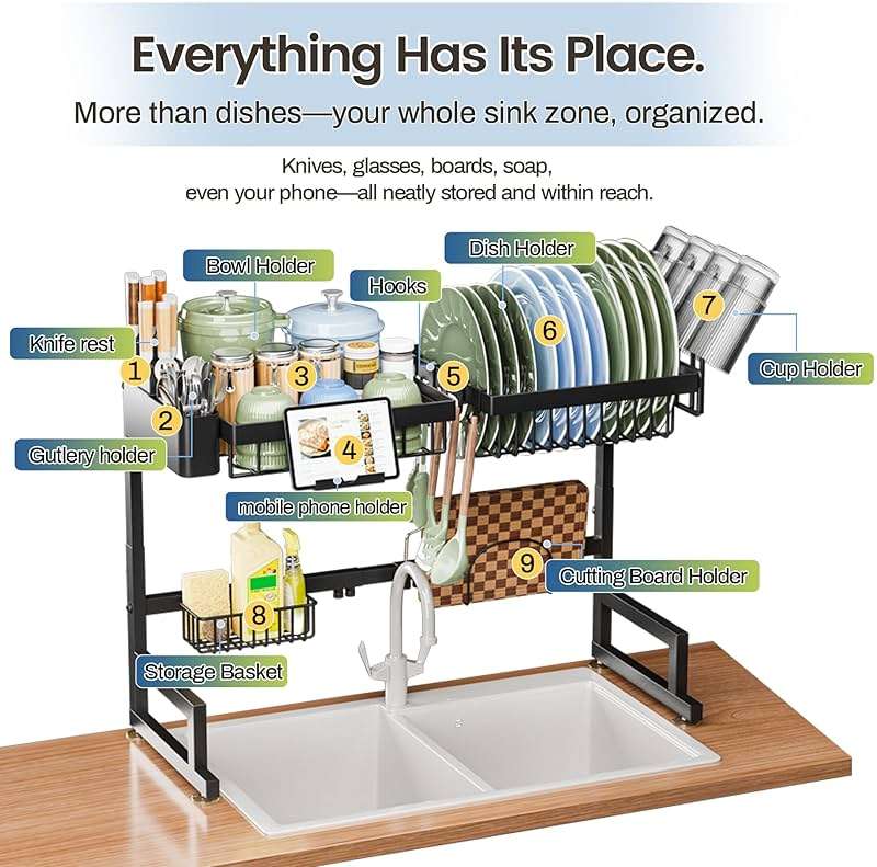 ADBIU Over The Sink Dish Drying Rack (Expandable Height and Length) Snap-On Design 2 Tier Large Dish Rack - Image 4