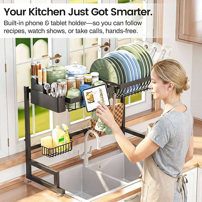ADBIU Over The Sink Dish Drying Rack (Expandable Height and Length) Snap-On Design 2 Tier Large Dish Rack - Image 7
