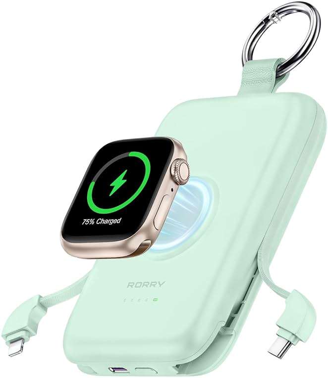 RORRY CharmGo Portable Charger, 10000mAh 20W Fast Charging Portable Charger Power Bank with Built in Cables, Travel Battery Pack for iPhone 17/16/15/14/13/12 and Apple Watch, Green - Image 1