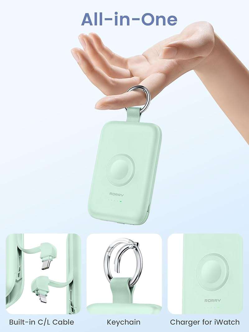 RORRY CharmGo Portable Charger, 10000mAh 20W Fast Charging Portable Charger Power Bank with Built in Cables, Travel Battery Pack for iPhone 17/16/15/14/13/12 and Apple Watch, Green - Image 2