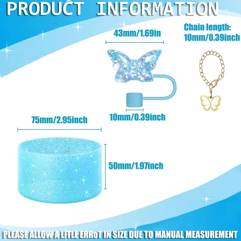 3PCS Butterfly Straw Topper Accessories for Stanley,Including 1pc Bling Straw cover for 30 40 oz Tumbler with Handle,1PC Shiny Boot and 1PC Charm Chain Decor for Water Bottle Personalized Tags(Blue) - Image 2