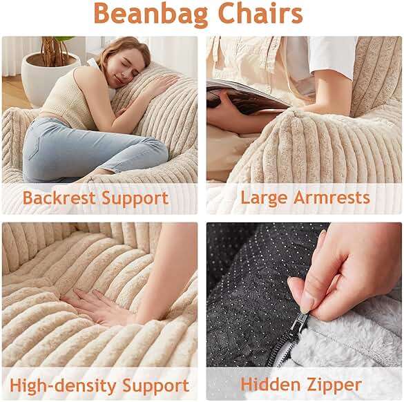 Giant Bean Bag Chairs for Adults Teens with Filling Large Fluffy Bean Bag Chair with Armrests Plush Comfy BeanBag Couch Sofa Chair for Bedroom Living Room Reading - Image 4