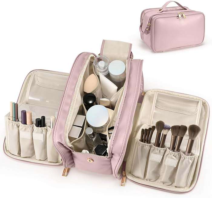 Travel Makeup Bag Women's Large Capacity Cosmetic Portable Organizer Large Opening Waterproof Storage Toiletry Bags Vertical Free-Standing Brush Holder for Easy Access Pink - Image 1