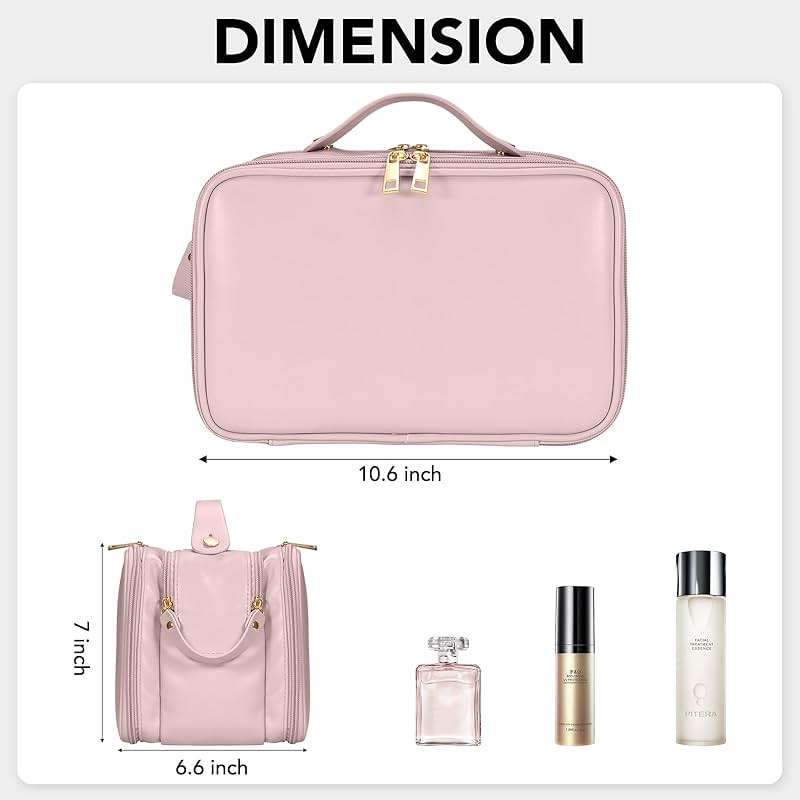 Travel Makeup Bag Women's Large Capacity Cosmetic Portable Organizer Large Opening Waterproof Storage Toiletry Bags Vertical Free-Standing Brush Holder for Easy Access Pink - Image 2