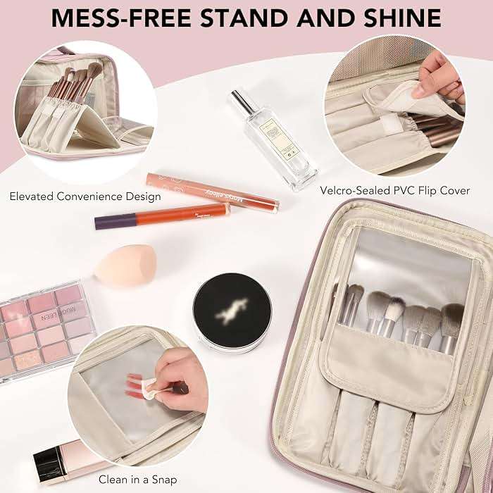 Travel Makeup Bag Women's Large Capacity Cosmetic Portable Organizer Large Opening Waterproof Storage Toiletry Bags Vertical Free-Standing Brush Holder for Easy Access Pink - Image 3