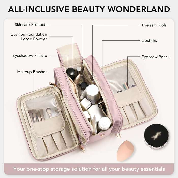 Travel Makeup Bag Women's Large Capacity Cosmetic Portable Organizer Large Opening Waterproof Storage Toiletry Bags Vertical Free-Standing Brush Holder for Easy Access Pink - Image 4