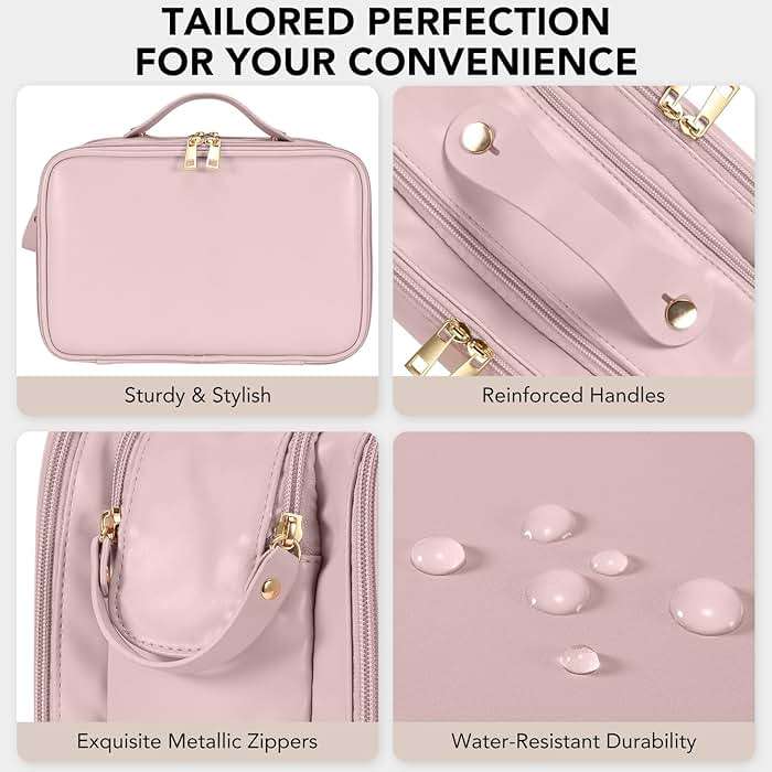 Travel Makeup Bag Women's Large Capacity Cosmetic Portable Organizer Large Opening Waterproof Storage Toiletry Bags Vertical Free-Standing Brush Holder for Easy Access Pink - Image 6
