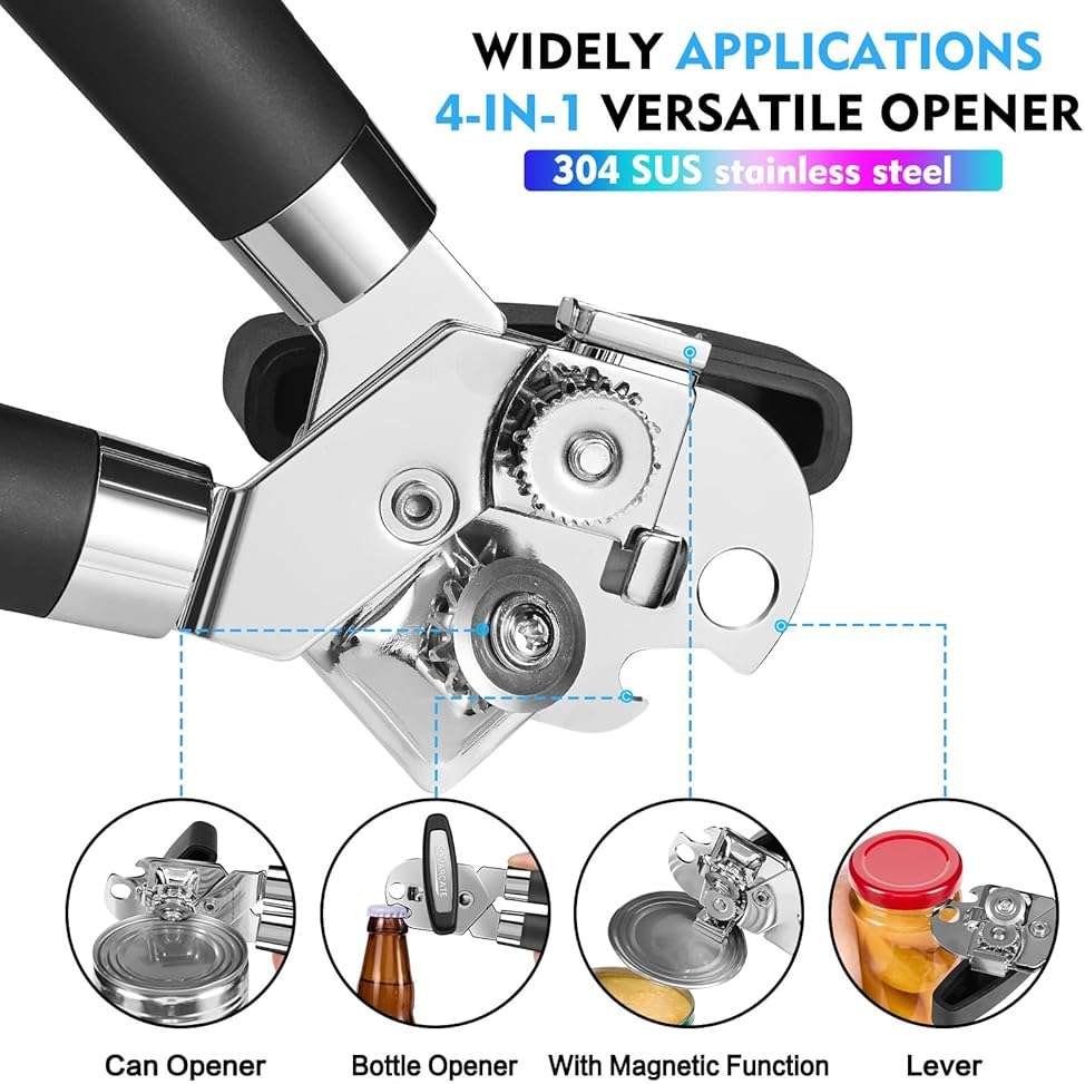 Can Opener Manual Heavy Duty Multifunctional with Magnet Lift [Ergonomic Curved Handle Grip] Stainless Steel, Arthritis-Friendly, Kitchen Tool for Seniors, Kitchen Essentials, Camping, Bottle Opener - Image 4