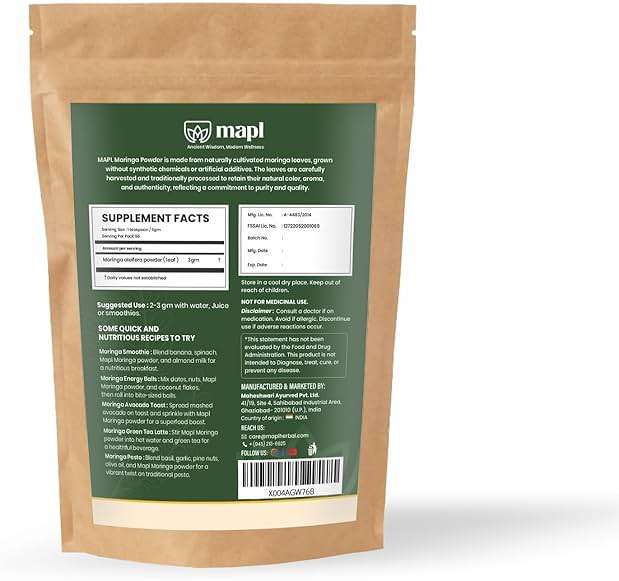 MAPL Moringa Powder (Moringa Oleifera) | Organic Powdered Moringa Leaves | 100% Natural Plant-Based Drumstick Tree Leaf Powder | Raw & Nutrient-Dense | 200 g (7.055 oz) - Image 2