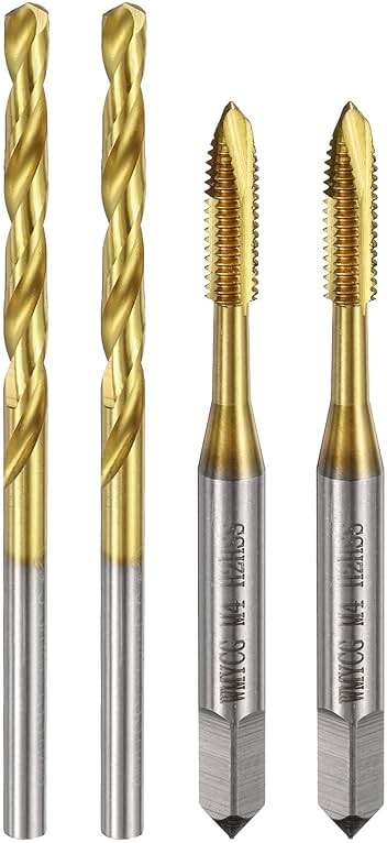 uxcell Metric Tap & Drill Bit Set, 2pcs M4 x 0.7 Spiral Point Thread Taps and 2pcs 3.3mm Twist Drill Bits, Titanium Coated HSS6542 Screw Tapping Threading Tools - Image 1