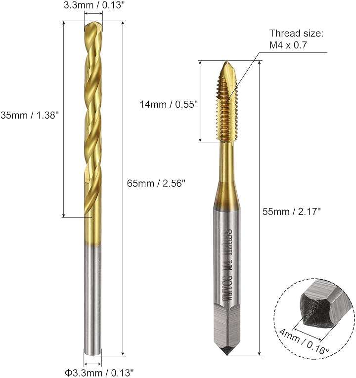 uxcell Metric Tap & Drill Bit Set, 2pcs M4 x 0.7 Spiral Point Thread Taps and 2pcs 3.3mm Twist Drill Bits, Titanium Coated HSS6542 Screw Tapping Threading Tools - Image 2