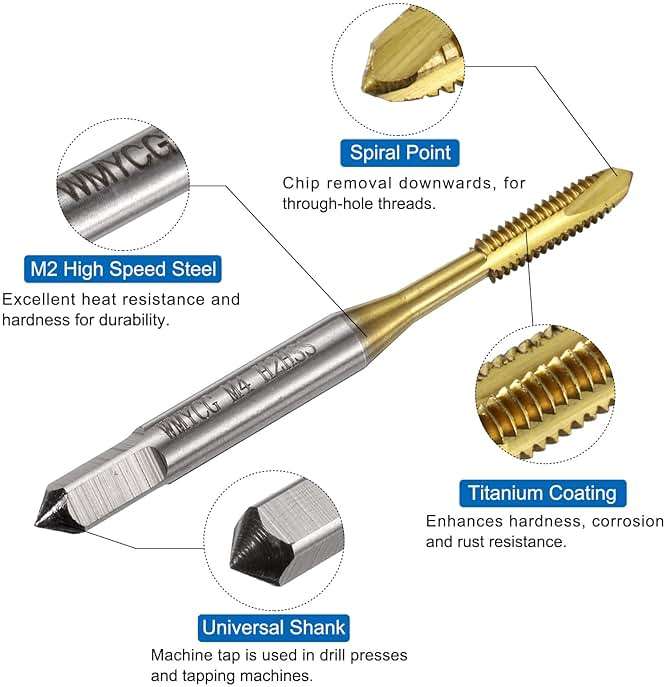 uxcell Metric Tap & Drill Bit Set, 2pcs M4 x 0.7 Spiral Point Thread Taps and 2pcs 3.3mm Twist Drill Bits, Titanium Coated HSS6542 Screw Tapping Threading Tools - Image 3