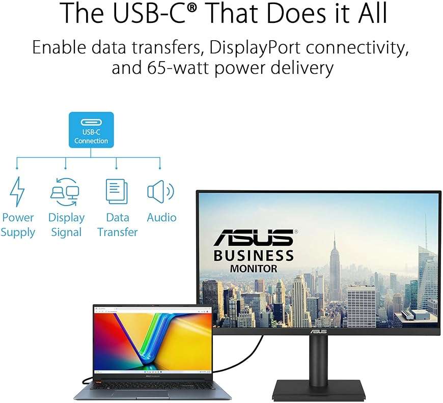 ASUS 27” 4K Business Monitor (VA27UCPS) - UHD (3840 x 2160), IPS, 99% sRGB, HDR-10, USB-C PD65W, USB Hub, Speakers, Eye Care, Ergonomic, VESA Wall Mountable, Green Sustainability, 3 yr Warranty - Image 2
