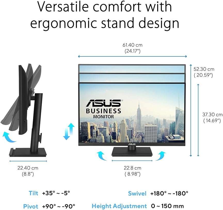 ASUS 27” 4K Business Monitor (VA27UCPS) - UHD (3840 x 2160), IPS, 99% sRGB, HDR-10, USB-C PD65W, USB Hub, Speakers, Eye Care, Ergonomic, VESA Wall Mountable, Green Sustainability, 3 yr Warranty - Image 5