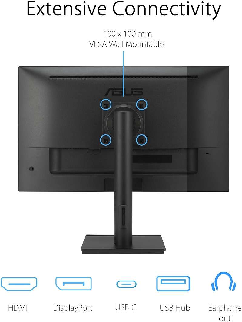 ASUS 27” 4K Business Monitor (VA27UCPS) - UHD (3840 x 2160), IPS, 99% sRGB, HDR-10, USB-C PD65W, USB Hub, Speakers, Eye Care, Ergonomic, VESA Wall Mountable, Green Sustainability, 3 yr Warranty - Image 6