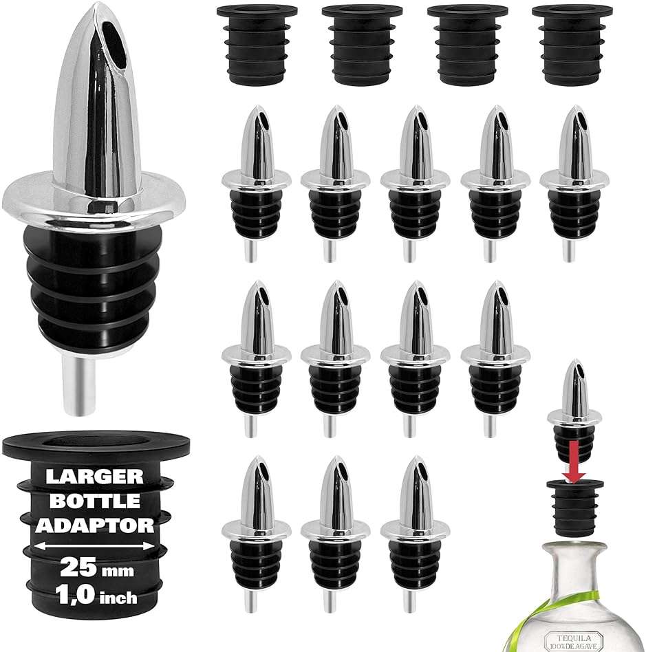 ESATTO 12 Pack Classic Chromed Bottle Pourers, Liquor Pourers for Alcohol, Olive Oil, Bartender Accessories Includes 4 Liquor Pourer Adapters for Large Neck Bottles such as Patron Don Julio Tequila - Image 1