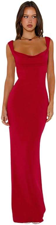 RARITYUS Women’s Elegant Satin Bow Maxi Dress Sexy Cowl Neck Backless Wedding Guest Dress Cocktail Party Evening Gown - Image 2