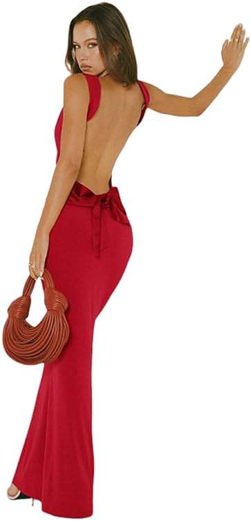 RARITYUS Women’s Elegant Satin Bow Maxi Dress Sexy Cowl Neck Backless Wedding Guest Dress Cocktail Party Evening Gown - Image 3