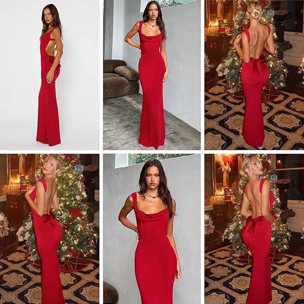 RARITYUS Women’s Elegant Satin Bow Maxi Dress Sexy Cowl Neck Backless Wedding Guest Dress Cocktail Party Evening Gown - Image 5
