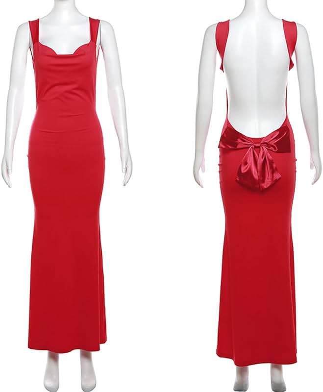 RARITYUS Women’s Elegant Satin Bow Maxi Dress Sexy Cowl Neck Backless Wedding Guest Dress Cocktail Party Evening Gown - Image 6