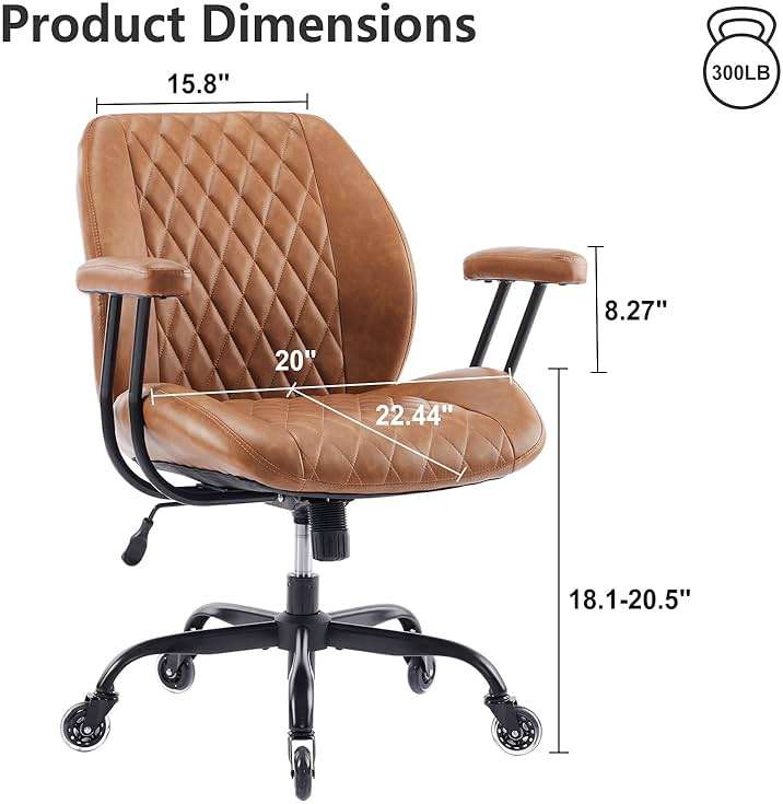 YFO Home Office Desk Chair Office Rubber Casters Ergonomic Computer Chair with Lumbar Support Adjustable Height Rolling Swivel Executive Task Armrests Chair， Brown Leather - Image 2