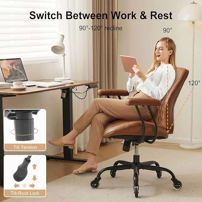YFO Home Office Desk Chair Office Rubber Casters Ergonomic Computer Chair with Lumbar Support Adjustable Height Rolling Swivel Executive Task Armrests Chair， Brown Leather - Image 3