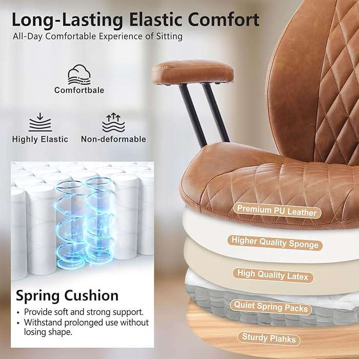 YFO Home Office Desk Chair Office Rubber Casters Ergonomic Computer Chair with Lumbar Support Adjustable Height Rolling Swivel Executive Task Armrests Chair， Brown Leather - Image 5