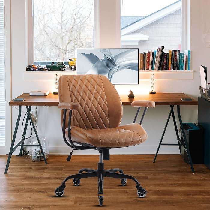 YFO Home Office Desk Chair Office Rubber Casters Ergonomic Computer Chair with Lumbar Support Adjustable Height Rolling Swivel Executive Task Armrests Chair， Brown Leather - Image 6