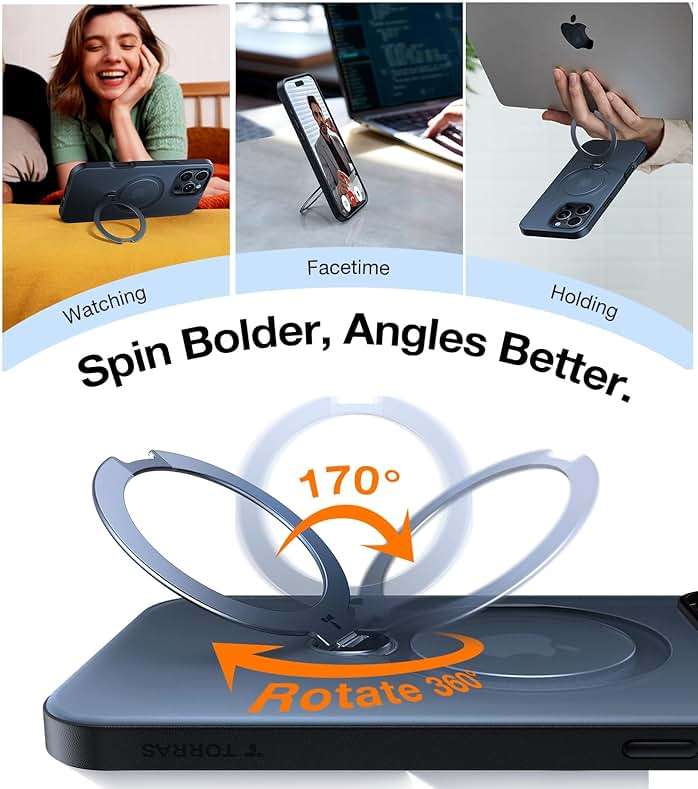 TORRAS 360 Spin Magnetic Stand for iPhone 16 Pro Max Case, Fit for MagSafe, Military Grade Protective Case for iPhone 16 Pro Max Phone Case with Kickstand Rotatable, Black 6.9 inch - Image 2