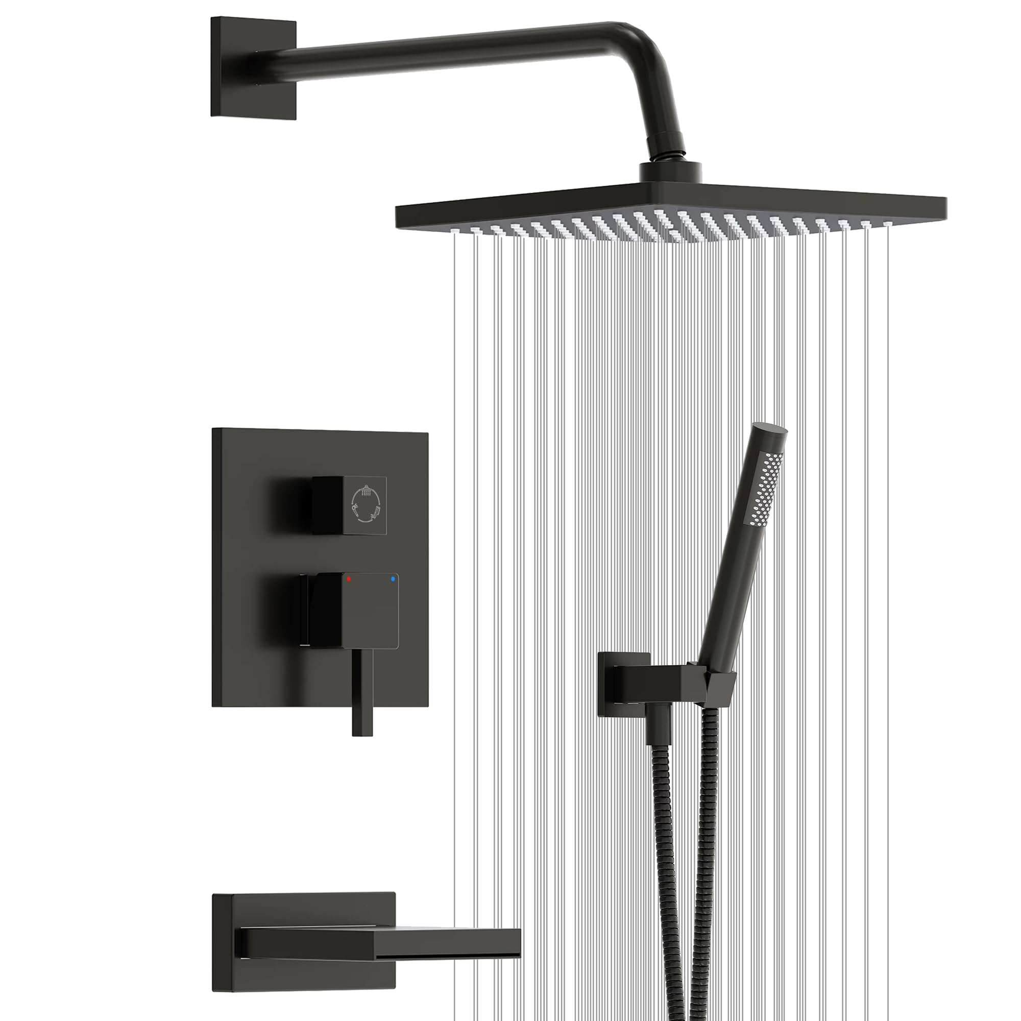 Esnbia Shower System with Tub Spout,Black Bathtub Shower Faucet Set,10 Inches Rain Shower Heads with Handheld Spary Combo, Tub Shower Kit with 3-Way Shower Valve, Matte Black - Image 1