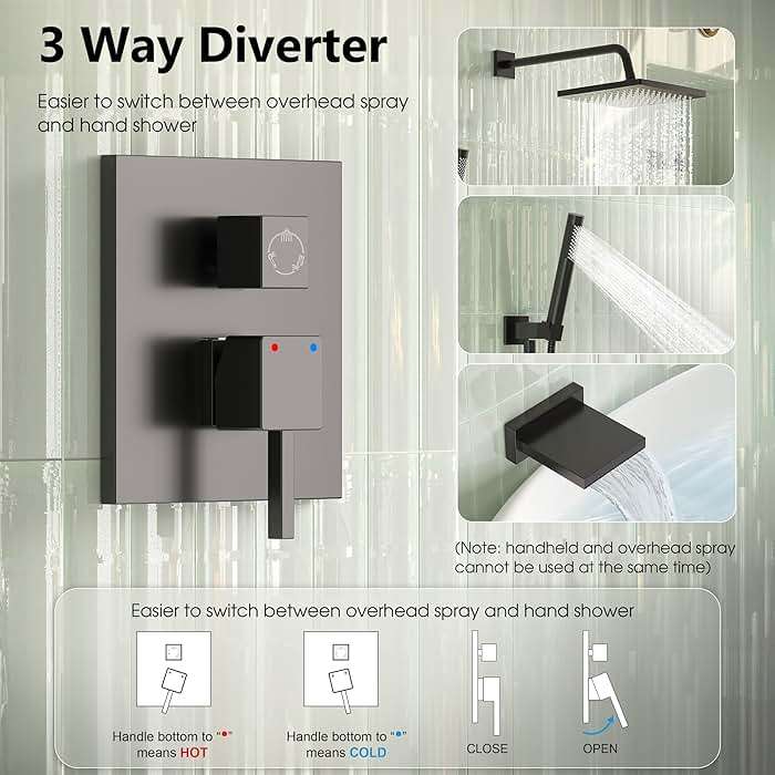 Esnbia Shower System with Tub Spout,Black Bathtub Shower Faucet Set,10 Inches Rain Shower Heads with Handheld Spary Combo, Tub Shower Kit with 3-Way Shower Valve, Matte Black - Image 6